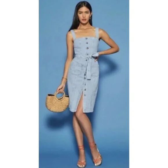 REFORMATION Farrah Chambray Denim Midi Dress Size 4 Palawan Blue Preppy Summer - Picture 1 of 16